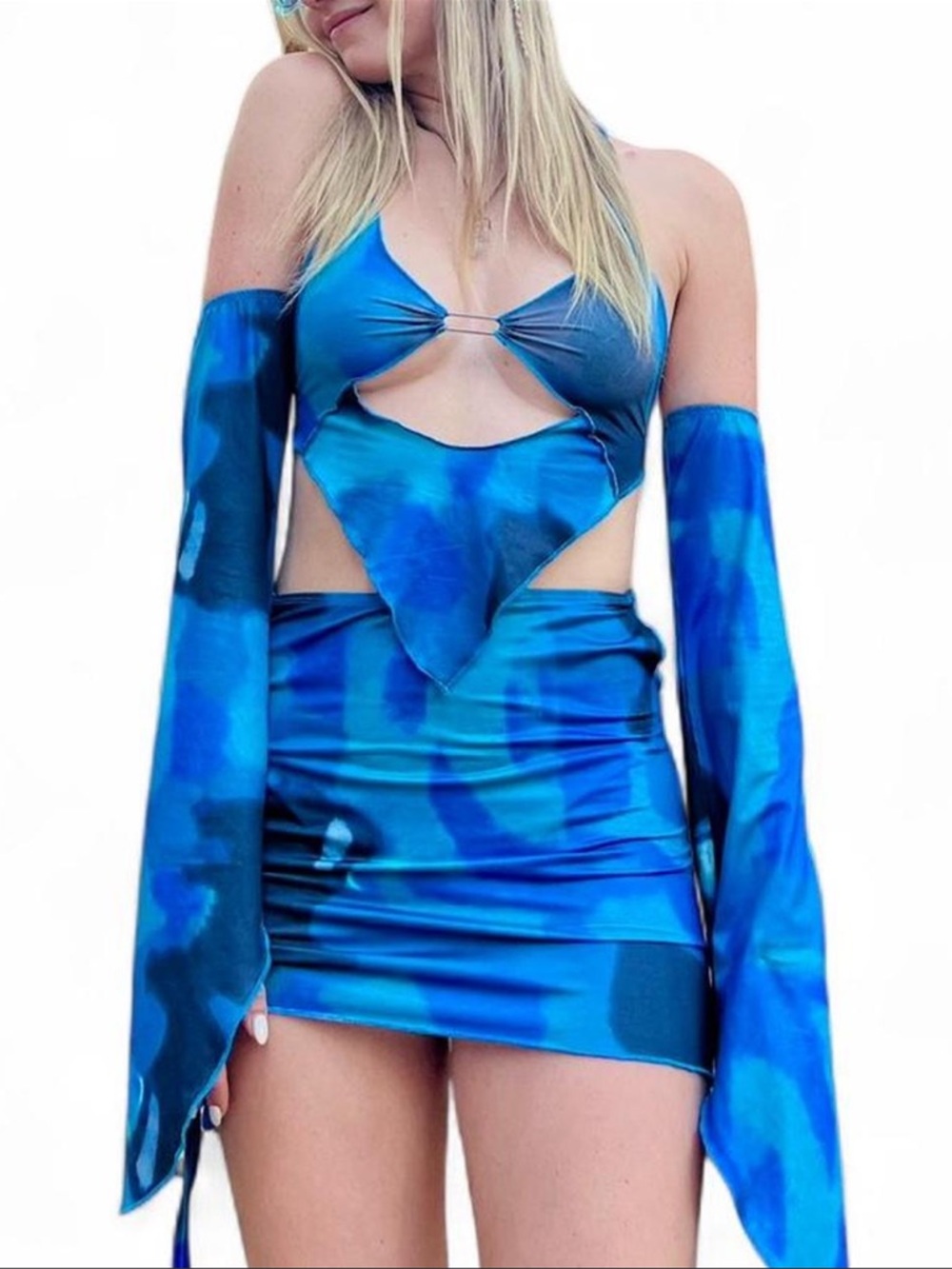 Blue Tie-Dye Cutout Matching Festival Set with Detachable Sleeves